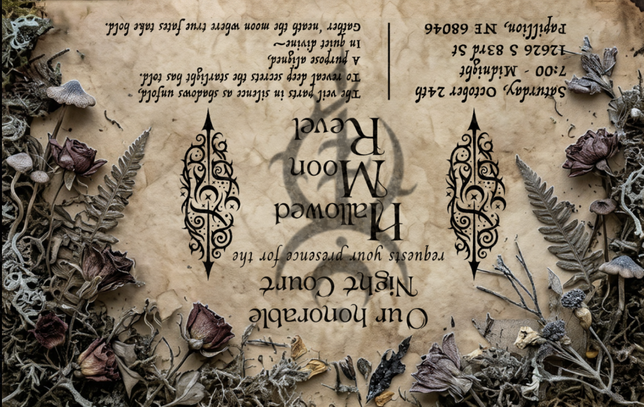Original Night Court invitation to the Hallowed Moon Revel, framed with silver foliage and dark flowers. Event details are transcribed below.