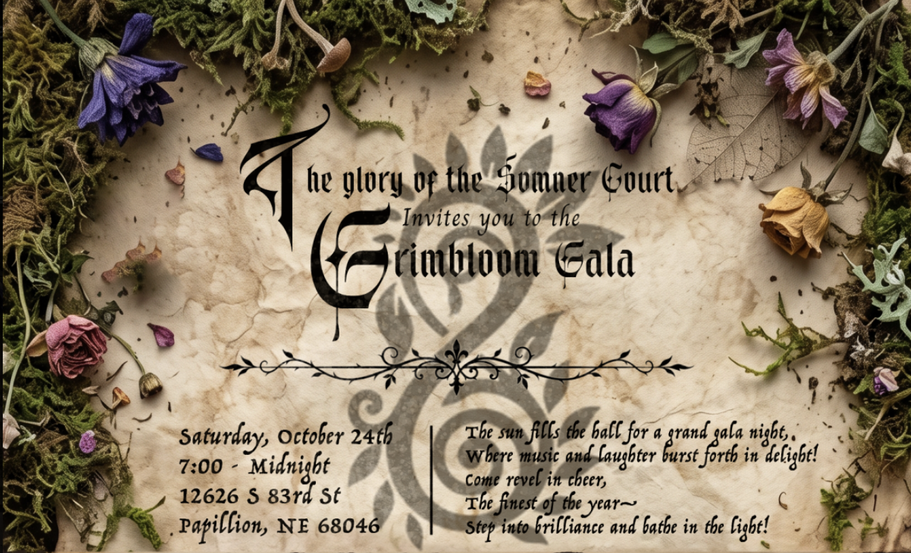 Original Summer Court invitation to the Grimbloom Gala, framed with moss, leaves, and flowers. Event details are transcribed below.